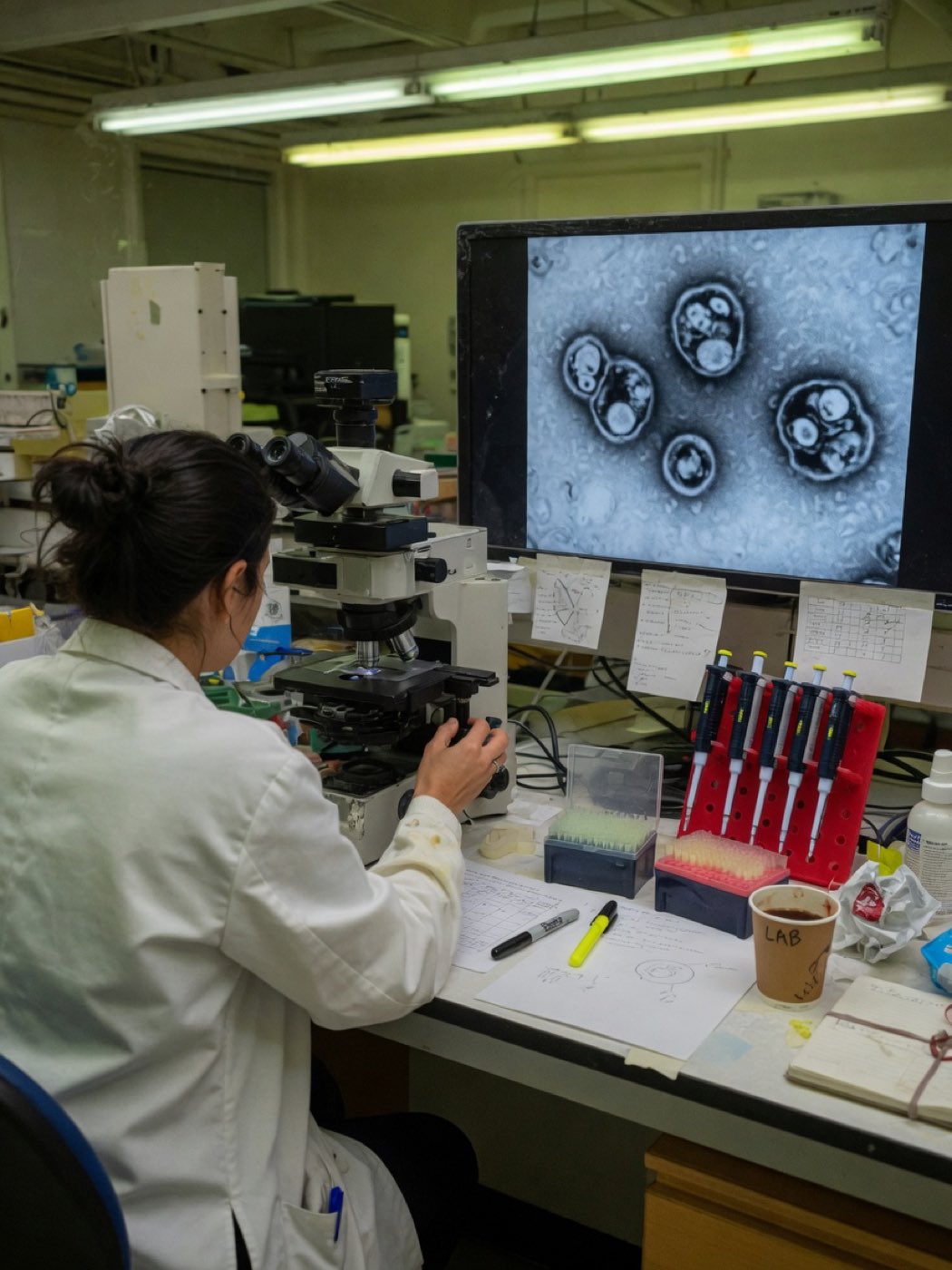 Investigadora analizando imágenes celulares en un microscopio confocal