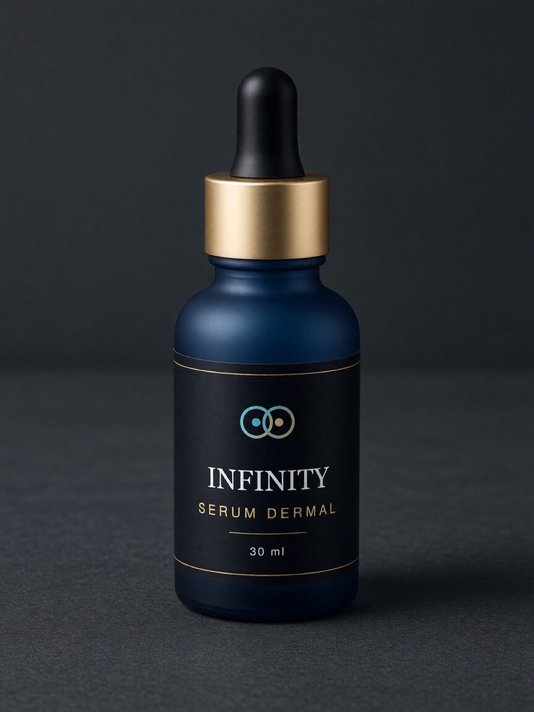 Infinity Serum Dermal — frasco cuentagotas de vidrio azul marino profundo con acabado dorado