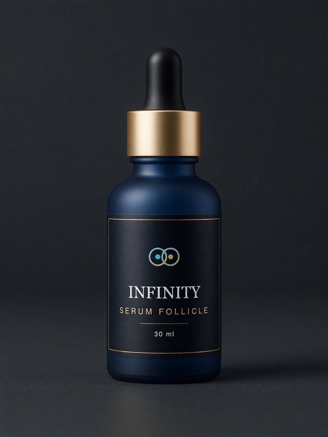 Infinity Serum Follicle — frasco de vidrio azul marino con gotero, collarín dorado y la marca Infinity Cell